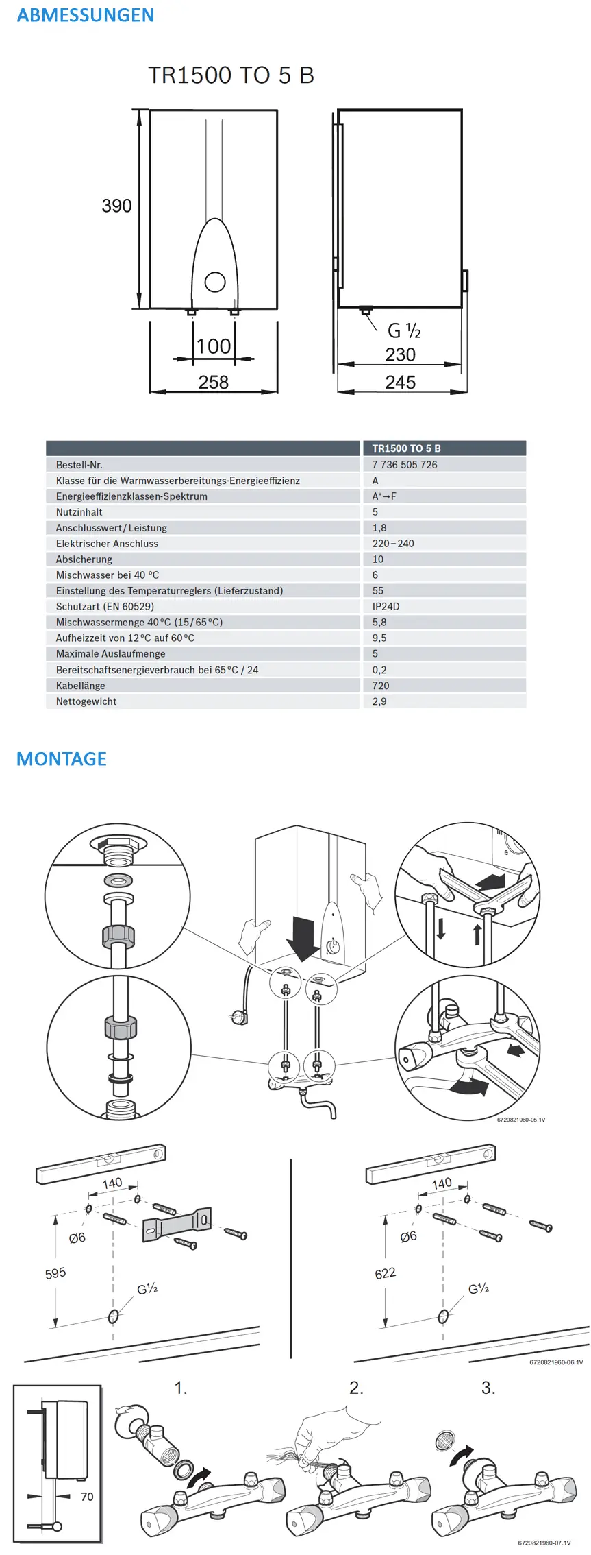 Technische Zeichnung eines Wassererhitzers von Bosch mit Montageanleitung. Abmessungen und Anschlussdetails sind klar dargestellt, inklusive Sicherheits- und Leistungsspezifikationen.